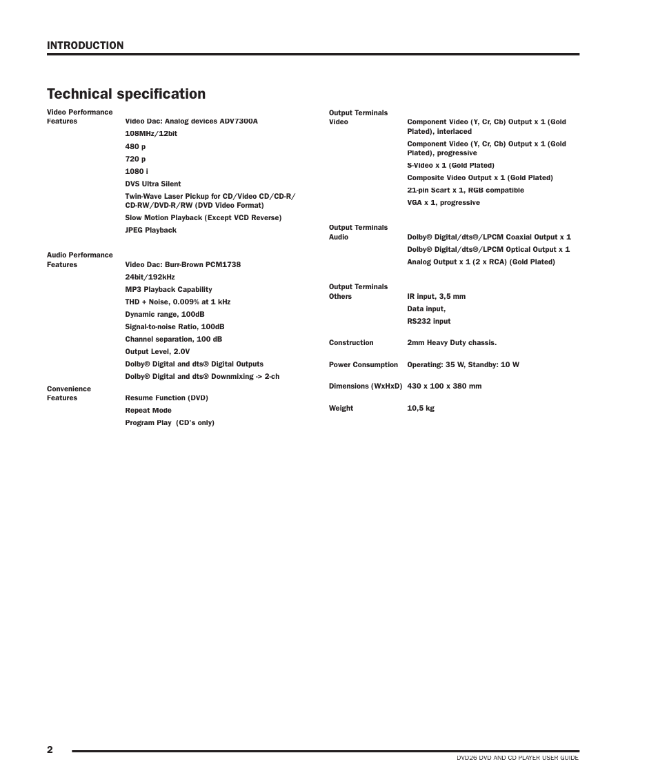 Technical specifi cation, Introduction | Dolby Laboratories DVD26 User Manual | Page 6 / 32