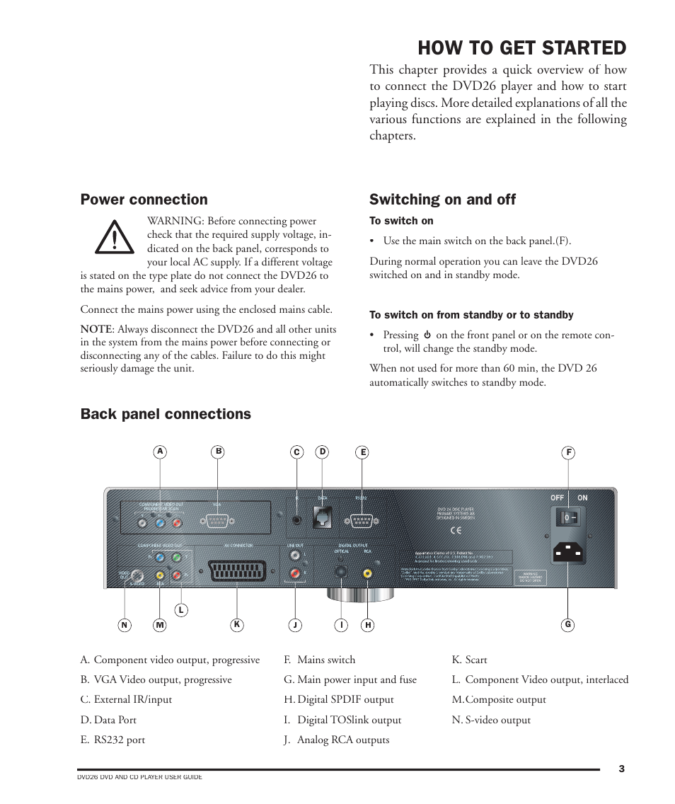 How to get started, Power connection, Switching on and off | Back panel connections | Dolby Laboratories DVD26 User Manual | Page 7 / 32