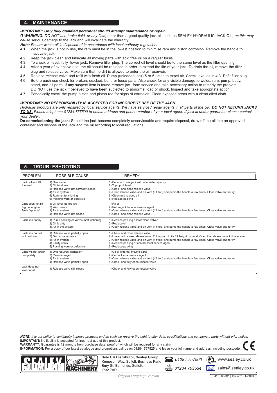 Maintenance 5. troubleshooting | Sealey TSJ10 User Manual | Page 2 / 2