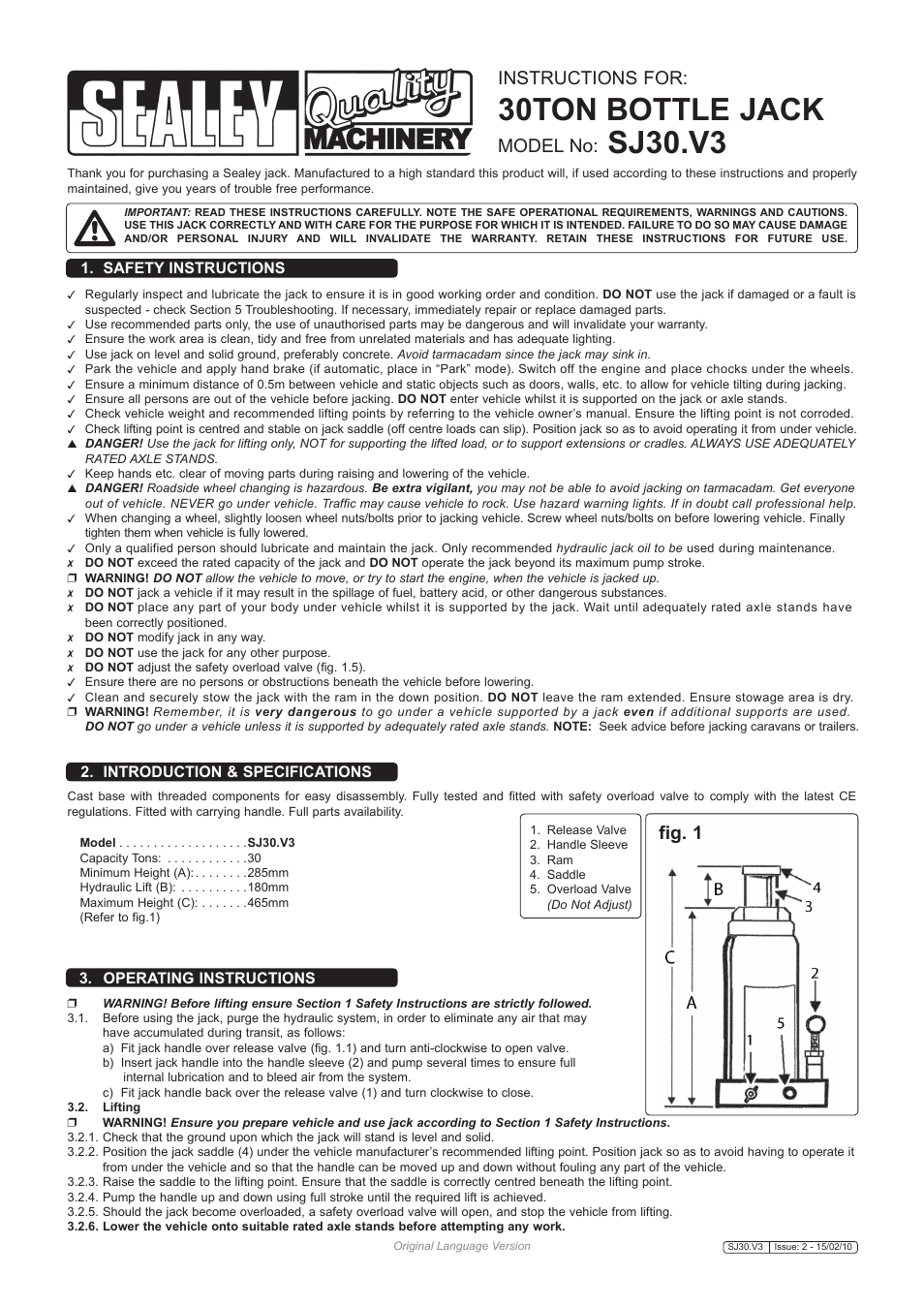 Sealey SJ30 User Manual | 3 pages