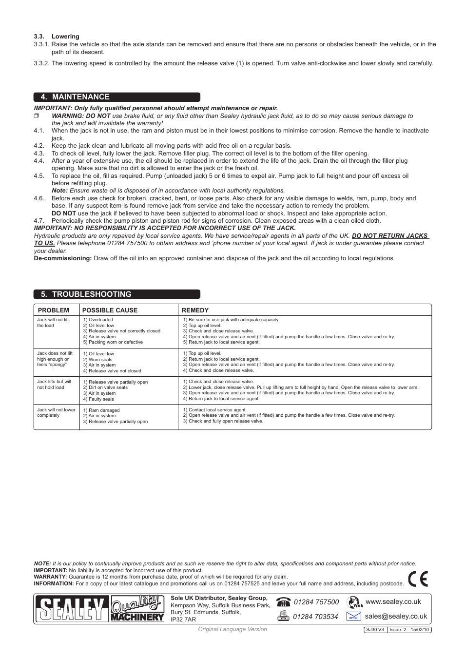 Maintenance 5. troubleshooting | Sealey SJ30 User Manual | Page 2 / 3