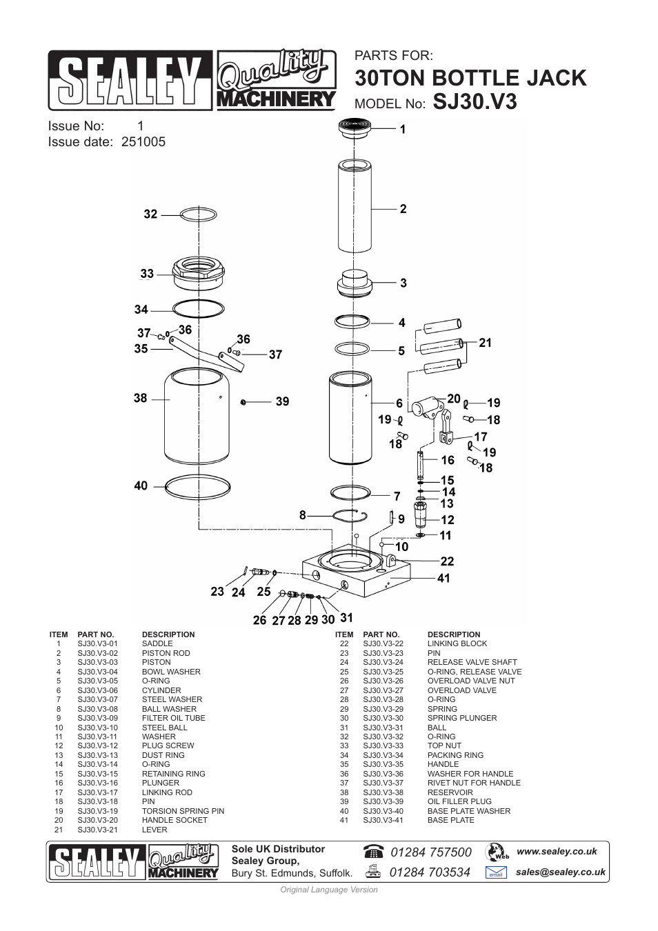 30ton bottle jack, Sj30.v3, Parts for | Model no | Sealey SJ30 User Manual | Page 3 / 3