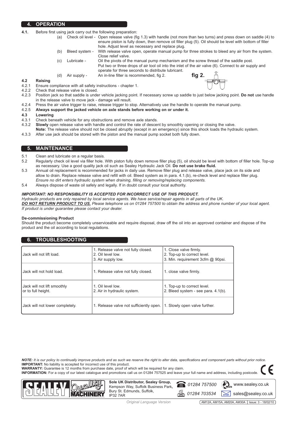 Fig 2, Operation, Maintenance | Troubleshooting | Sealey AM20 User Manual | Page 2 / 2