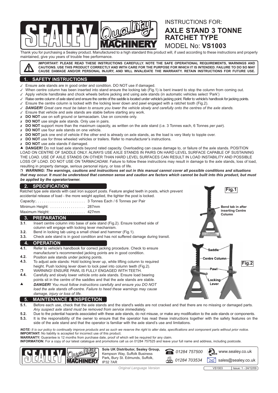 Sealey VS1003 User Manual | 1 page