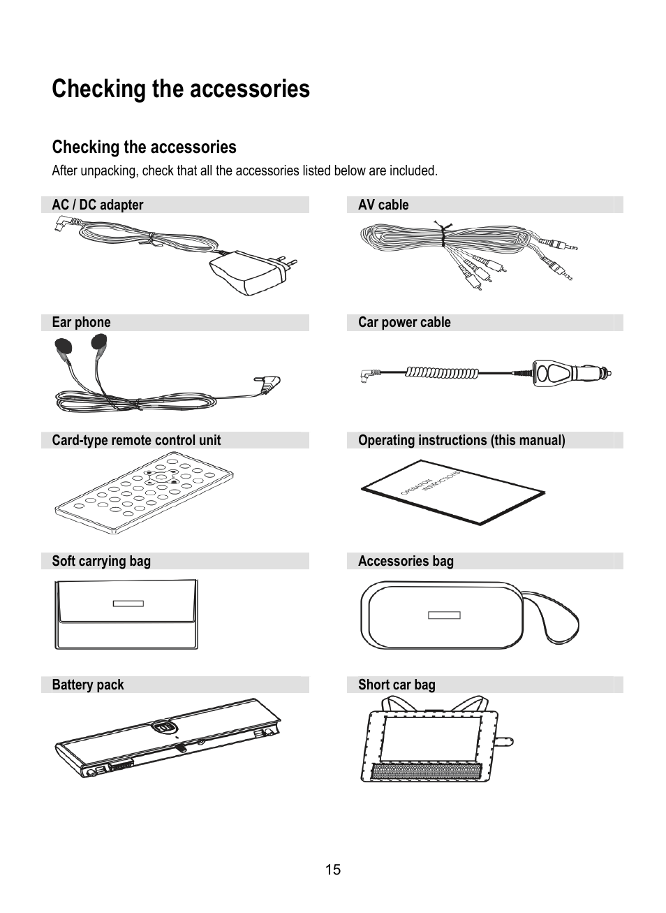 Checking the accessories | Dolby Laboratories SDV-27 User Manual | Page 15 / 53