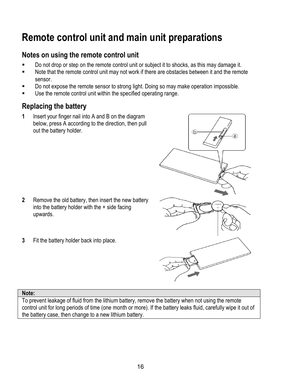 Remote control unit and main unit preparations, Replacing the battery | Dolby Laboratories SDV-27 User Manual | Page 16 / 53