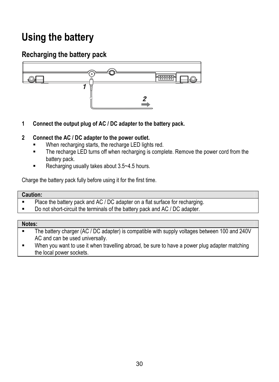 Using the battery, Recharging the battery pack | Dolby Laboratories SDV-27 User Manual | Page 30 / 53