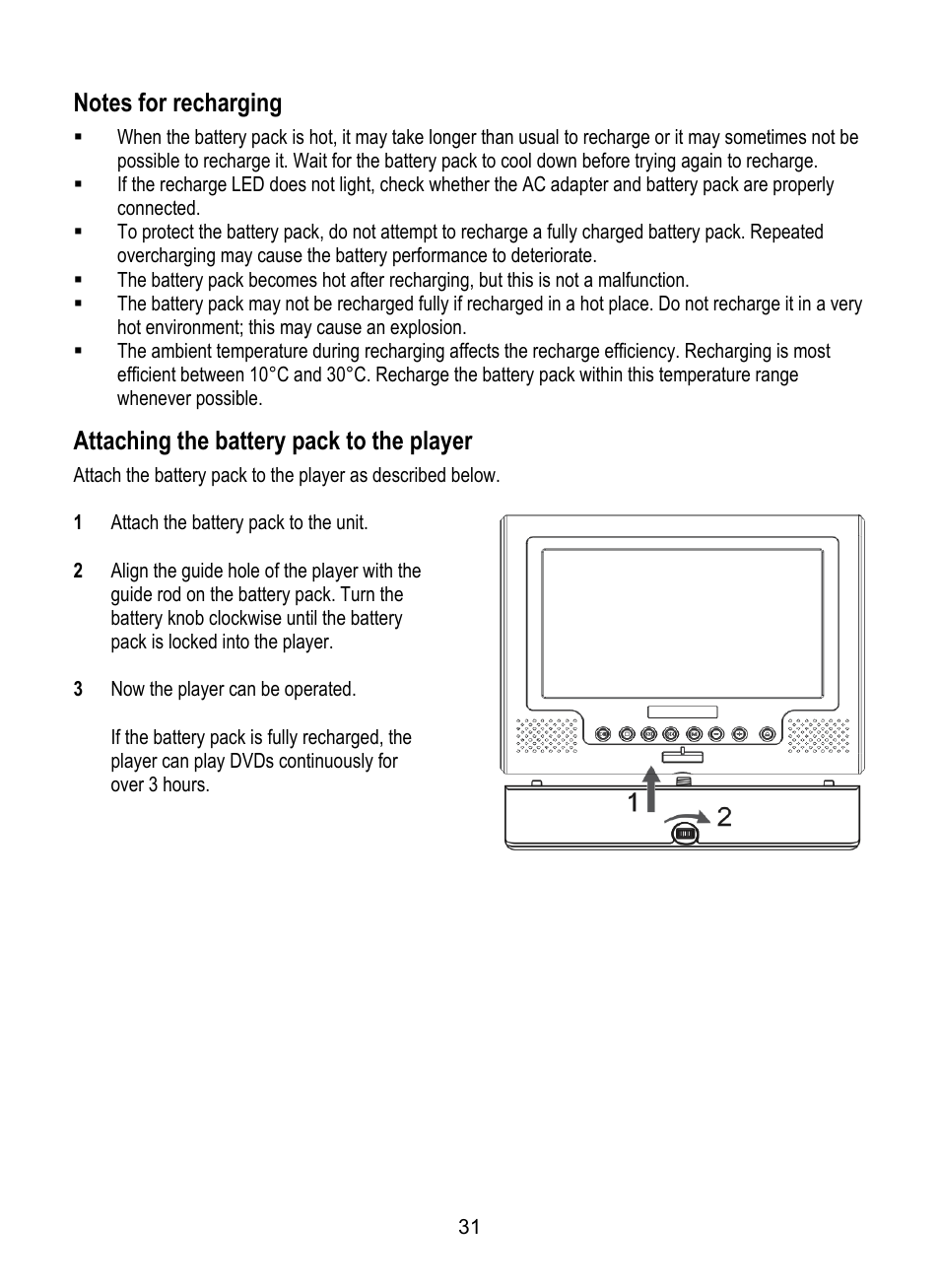 Attaching the battery pack to the player | Dolby Laboratories SDV-27 User Manual | Page 31 / 53