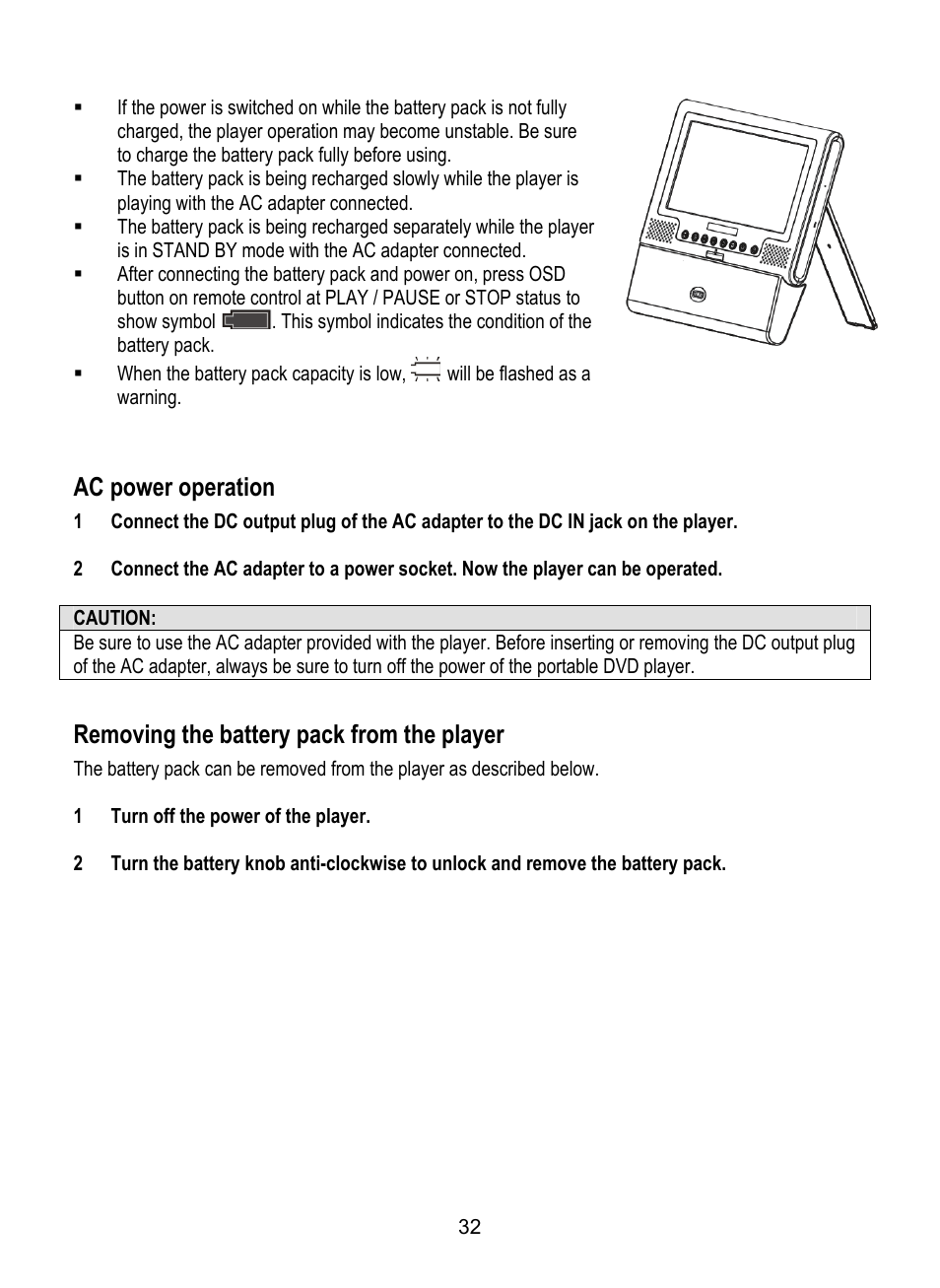 Ac power operation, Removing the battery pack from the player | Dolby Laboratories SDV-27 User Manual | Page 32 / 53