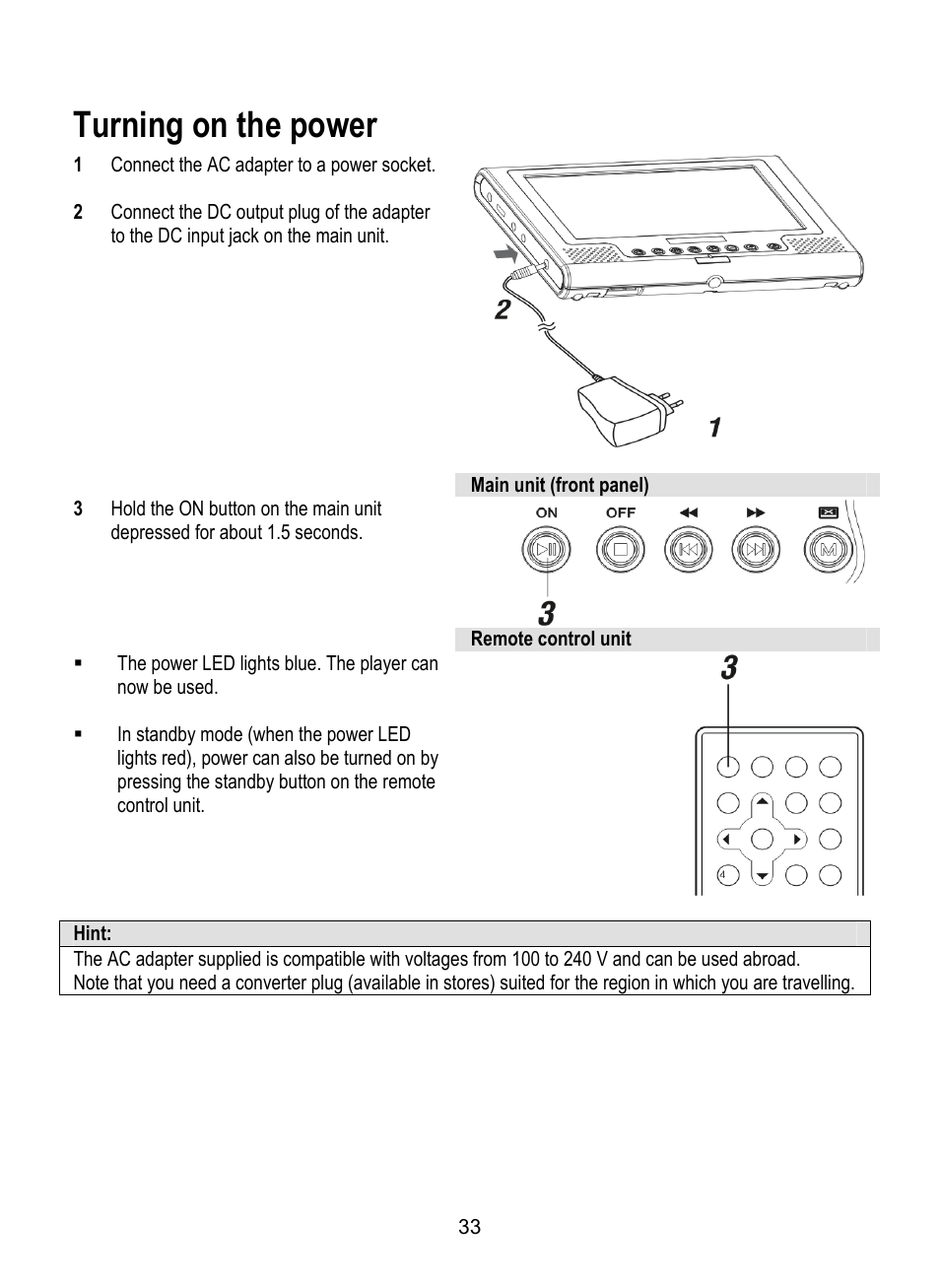 Turning on the power | Dolby Laboratories SDV-27 User Manual | Page 33 / 53