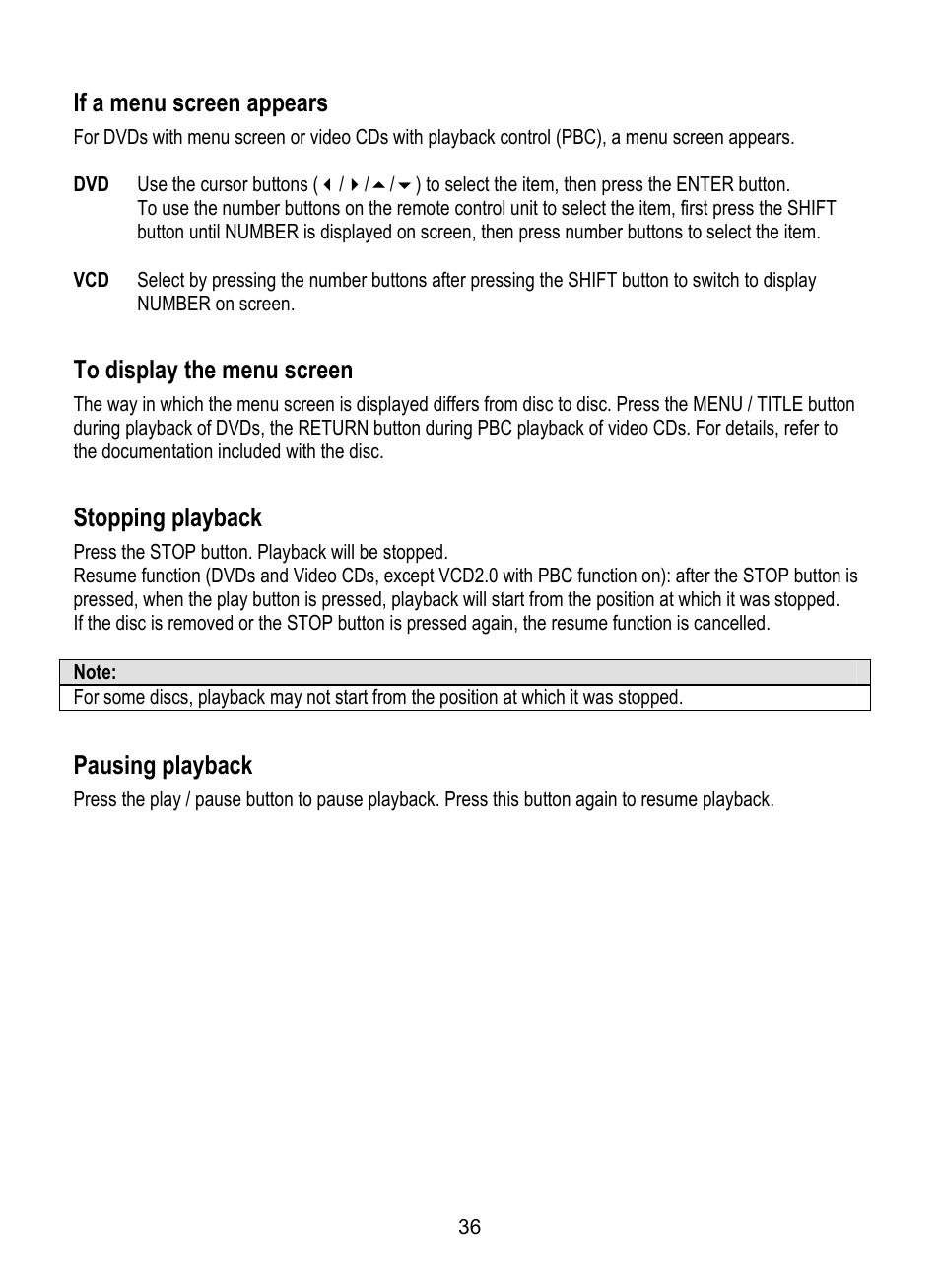 If a menu screen appears, Stopping playback, Pausing playback | Dolby Laboratories SDV-27 User Manual | Page 36 / 53