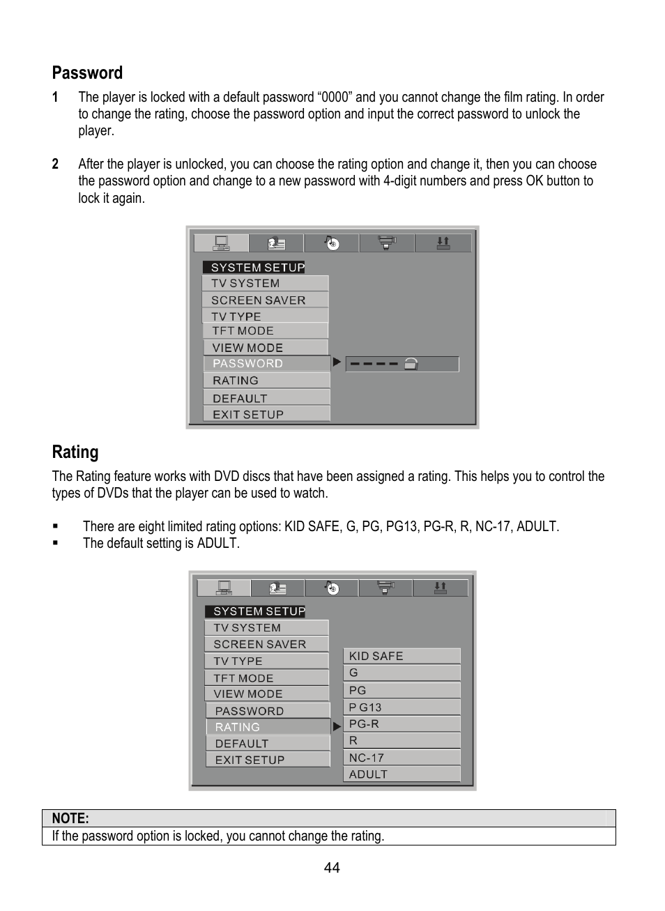 Password, Rating | Dolby Laboratories SDV-27 User Manual | Page 44 / 53