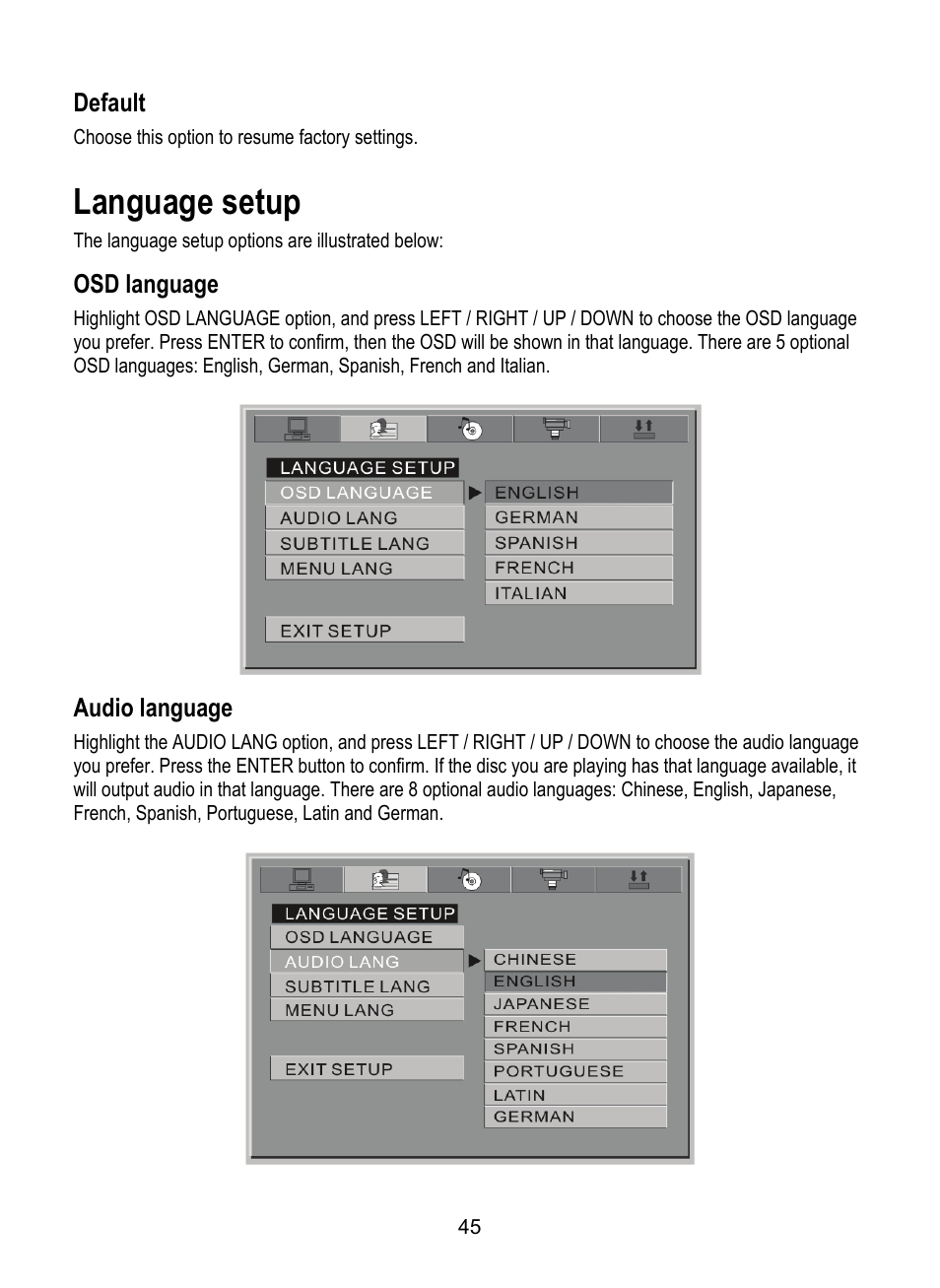 Language setup | Dolby Laboratories SDV-27 User Manual | Page 45 / 53