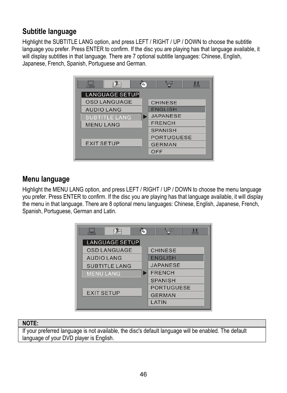 Subtitle language, Menu language | Dolby Laboratories SDV-27 User Manual | Page 46 / 53