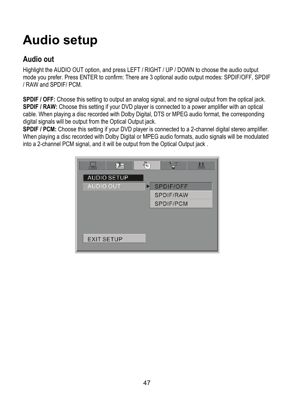 Audio setup | Dolby Laboratories SDV-27 User Manual | Page 47 / 53