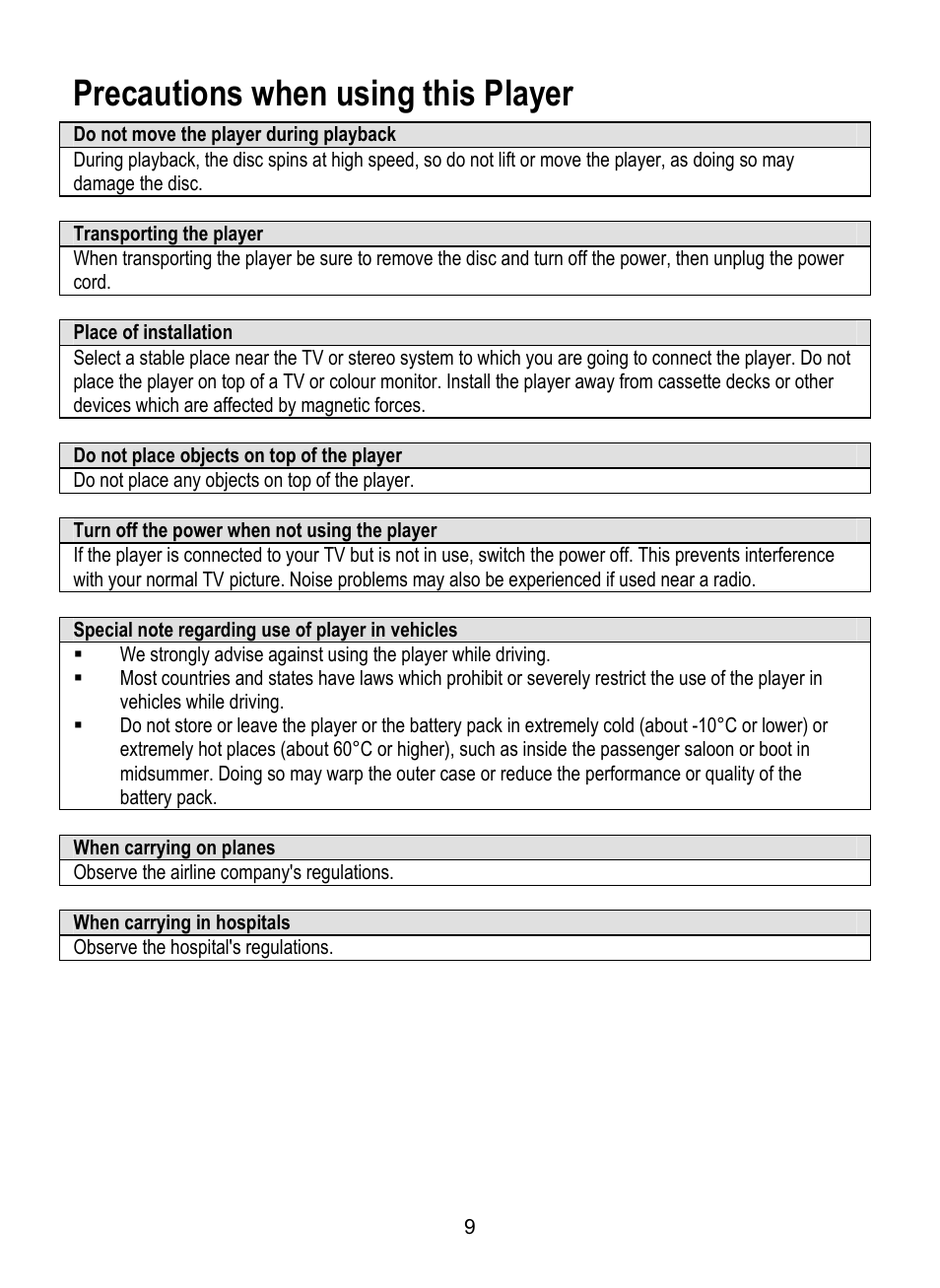 Precautions when using this player | Dolby Laboratories SDV-27 User Manual | Page 9 / 53