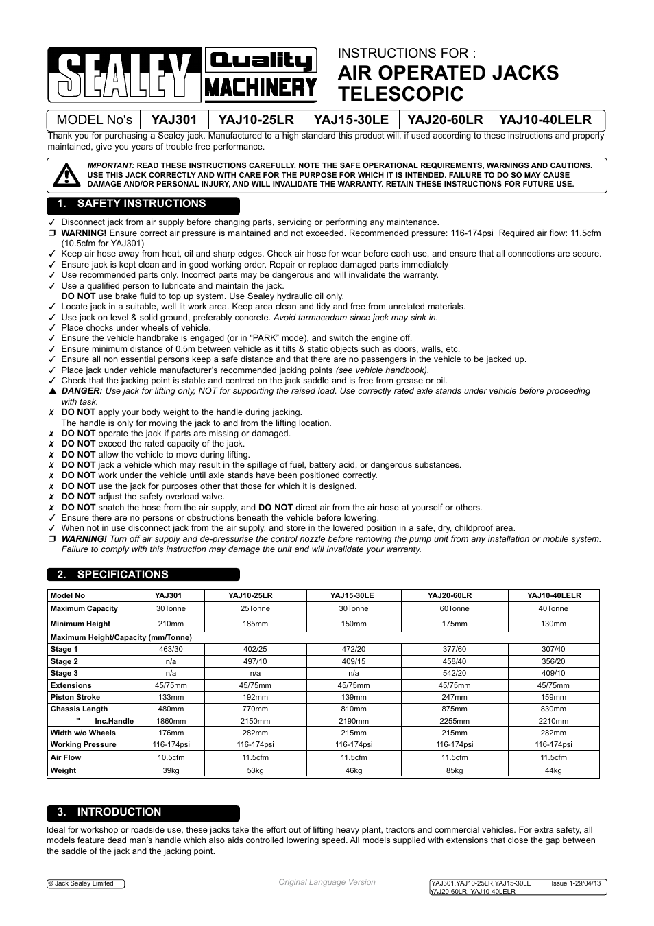 Sealey YAJ10-25LR User Manual | 4 pages