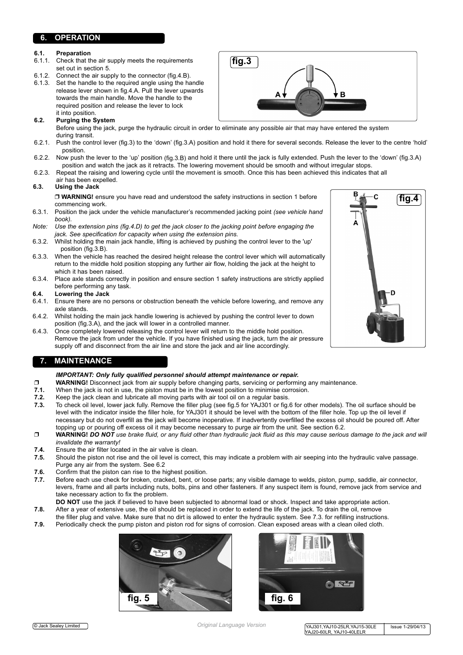 Fig.4, Fig. 5 fig. 6, Fig.3 | Maintenance, Operation | Sealey YAJ10-25LR User Manual | Page 3 / 4