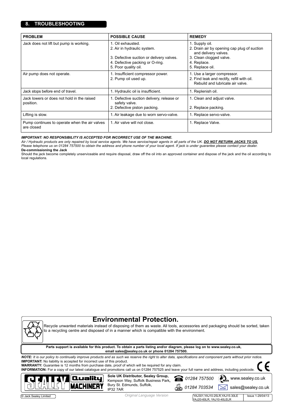 Environmental protection, Troubleshooting | Sealey YAJ10-25LR User Manual | Page 4 / 4