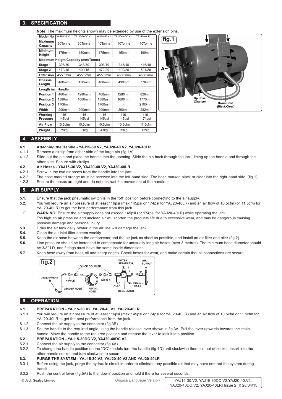 Fig.1 fig.2, Specification, Assembly | Air supply, Operation | Sealey YAJ15-30 User Manual | Page 2 / 5