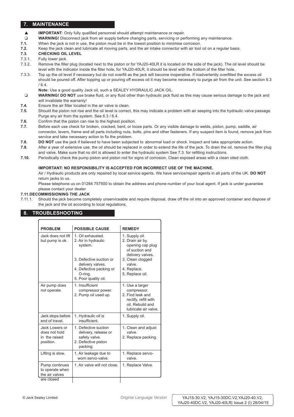 Maintenance, Troubleshooting | Sealey YAJ15-30 User Manual | Page 4 / 5