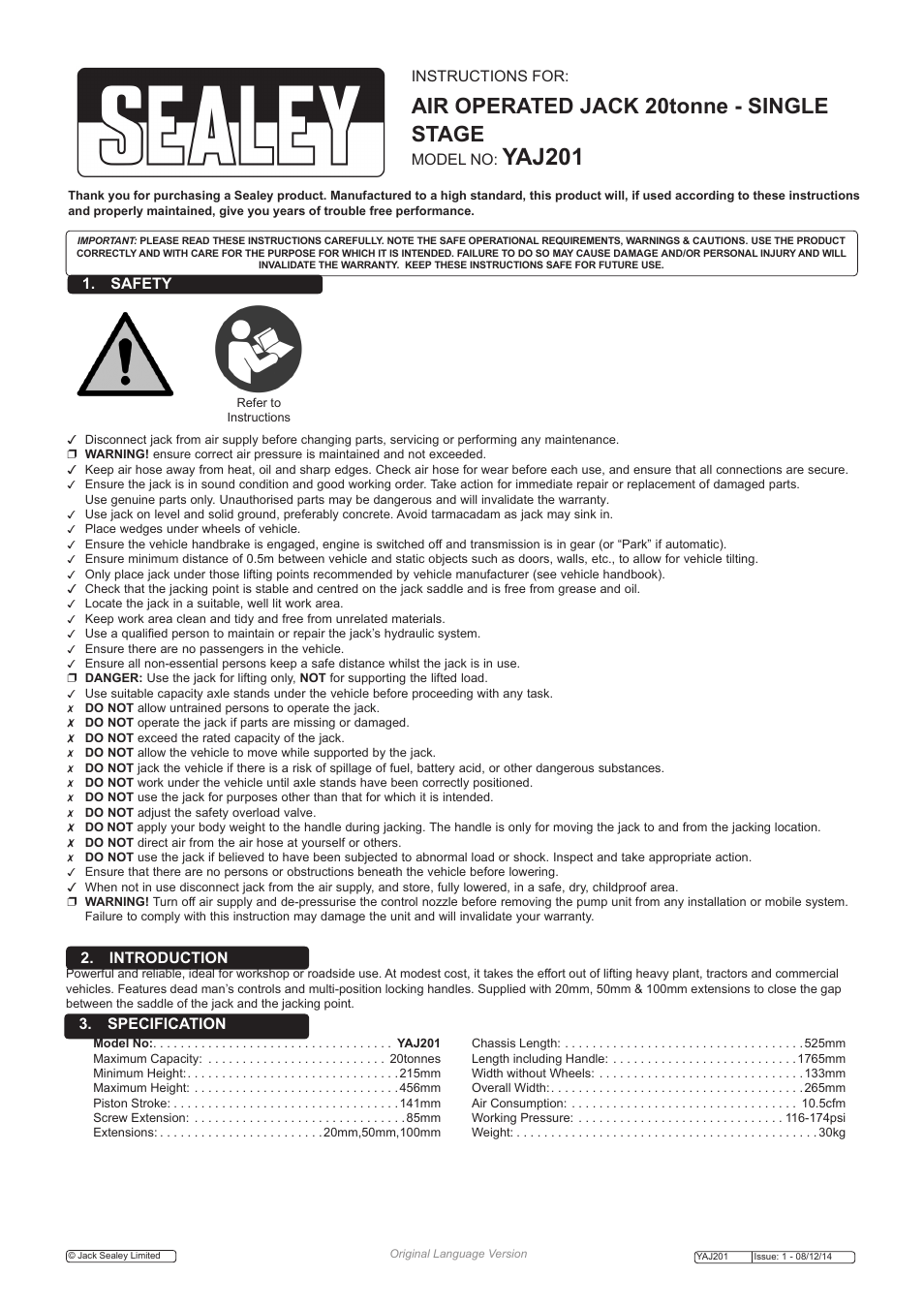 Sealey YAJ201 User Manual | 3 pages