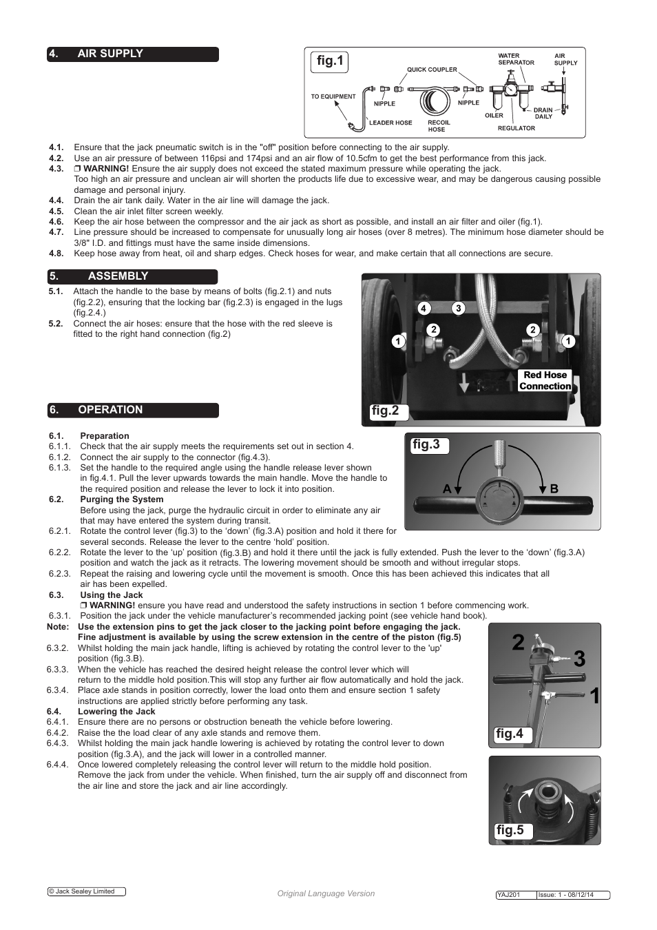 Fig.1, Fig.3 fig.4 fig.2, Fig.5 | Assembly 6. operation, Air supply | Sealey YAJ201 User Manual | Page 2 / 3