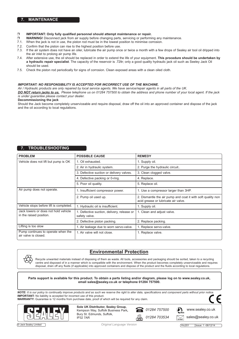 Environmental protection | Sealey YAJ201 User Manual | Page 3 / 3