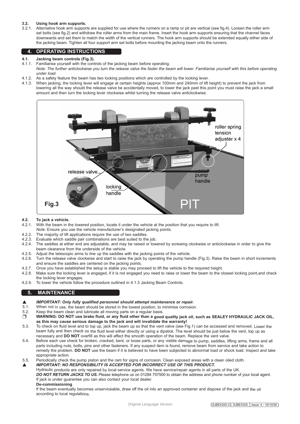 Fig.3, Operating instructions, Maintenance | Sealey SJBEX200 User Manual | Page 2 / 3