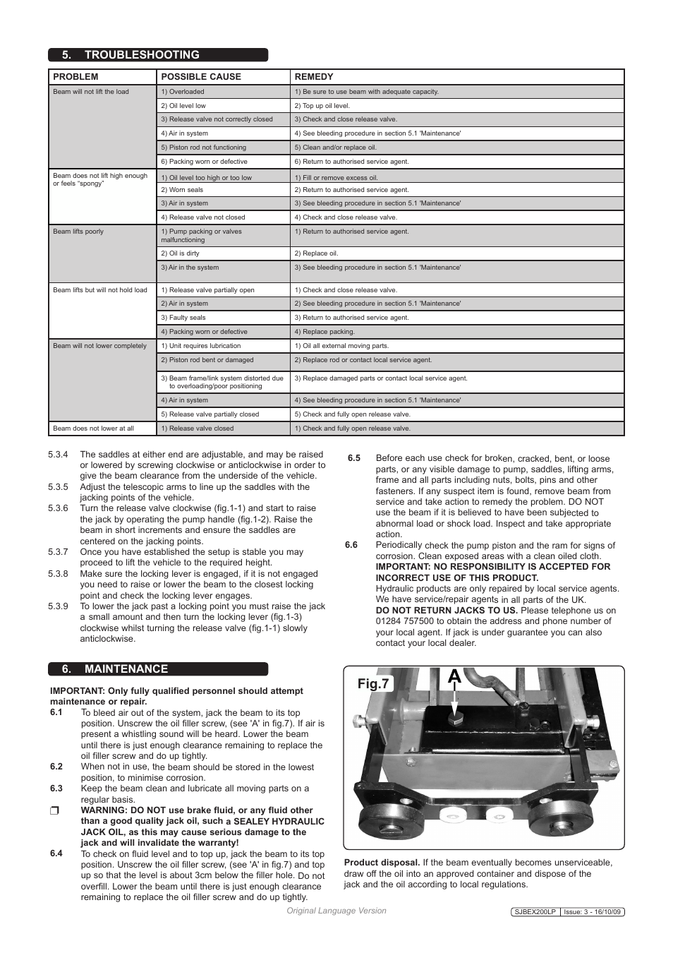 Fig.7, Troubleshooting, Maintenance | Sealey SJBEX200LP User Manual | Page 3 / 4