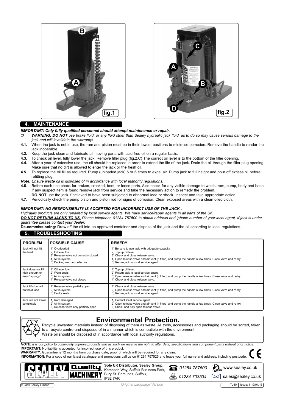 Environmental protection, Fig.2 fig.1, Maintenance 5. troubleshooting | Sealey ITJ10 User Manual | Page 2 / 2