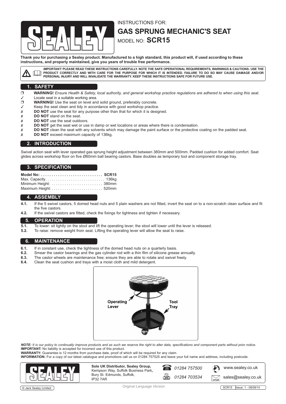 Sealey SCR15 User Manual | 1 page