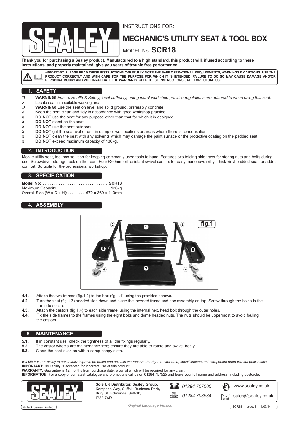 Sealey SCR18 User Manual | 1 page