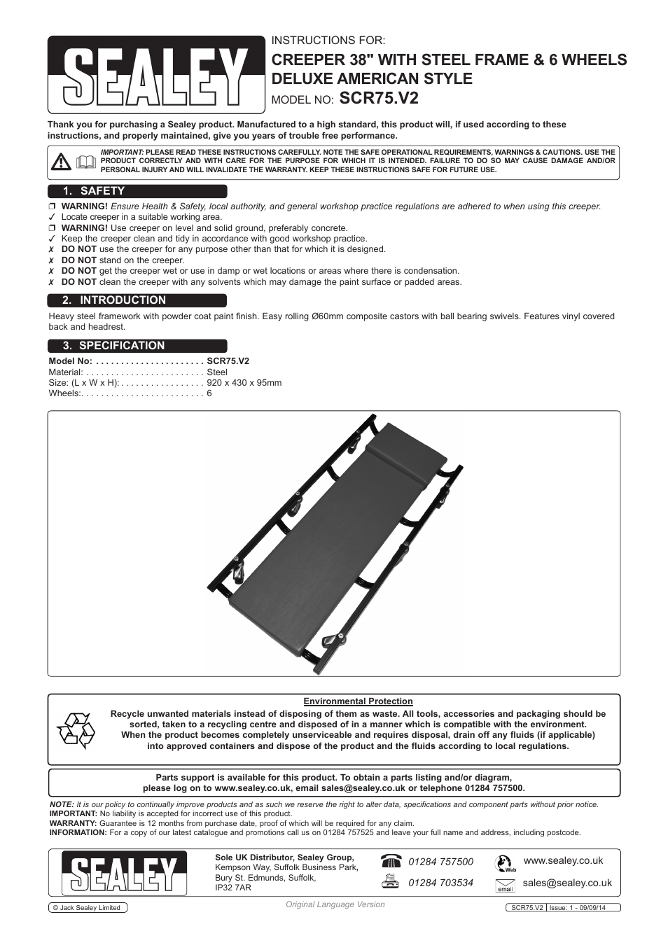 Sealey SCR75 User Manual | 1 page