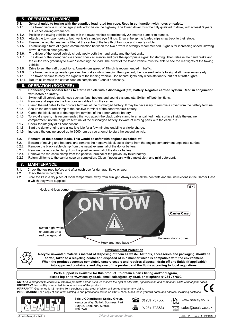 Operation (booster), Operation (towing), Maintenance | Sealey BDKIT01 User Manual | Page 2 / 2