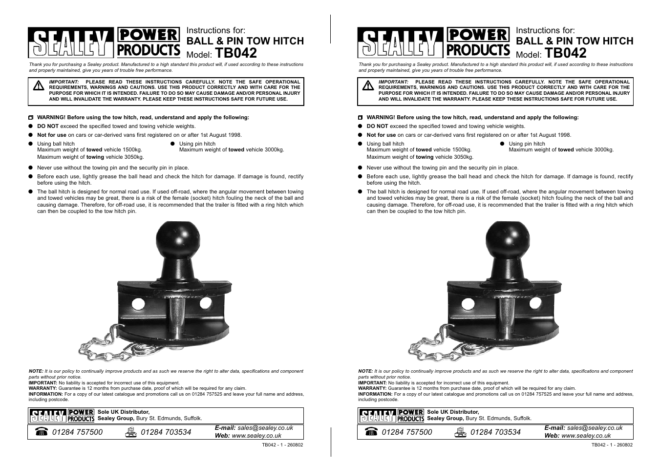 Sealey TB042 User Manual | 1 page