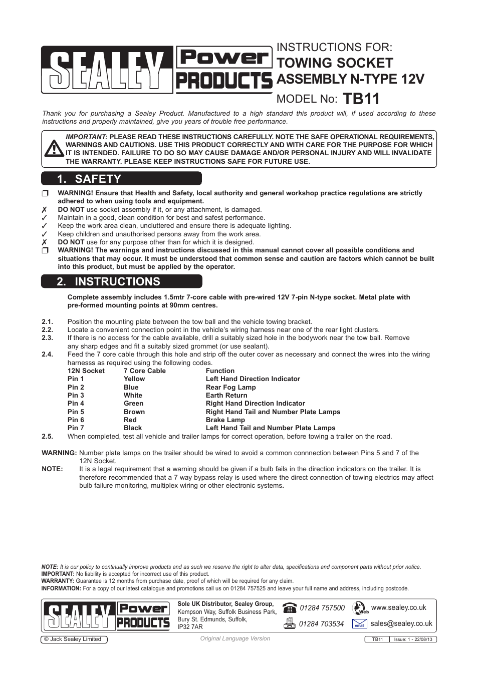 Sealey TB11 User Manual | 1 page