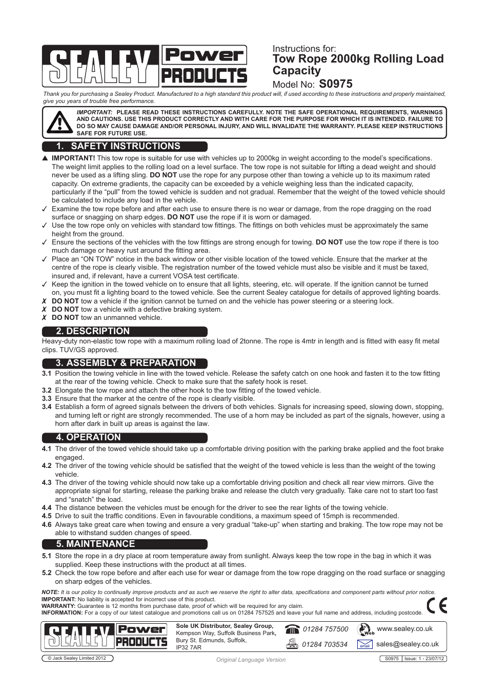 Sealey S0975 User Manual | 1 page