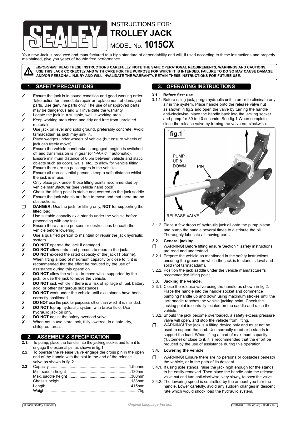 Sealey 1015CX User Manual | 2 pages