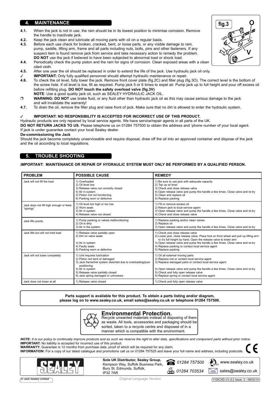 Fig.3, Environmental protection, Maintenance 5. trouble shooting | Sealey 1100CXD User Manual | Page 2 / 3