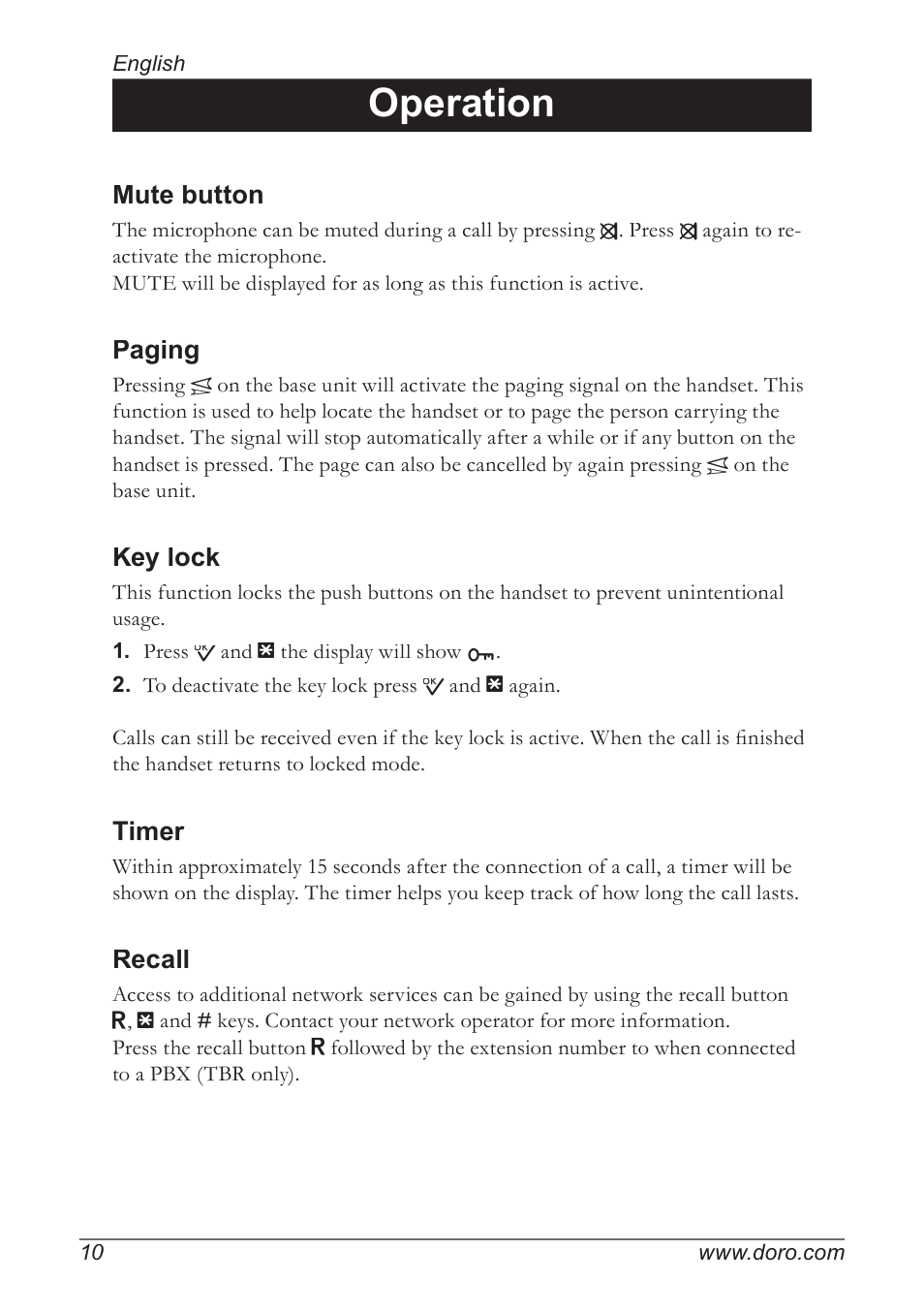 Operation, Mute button, Paging | Key lock, Timer, Recall | Doro 930R User Manual | Page 10 / 44
