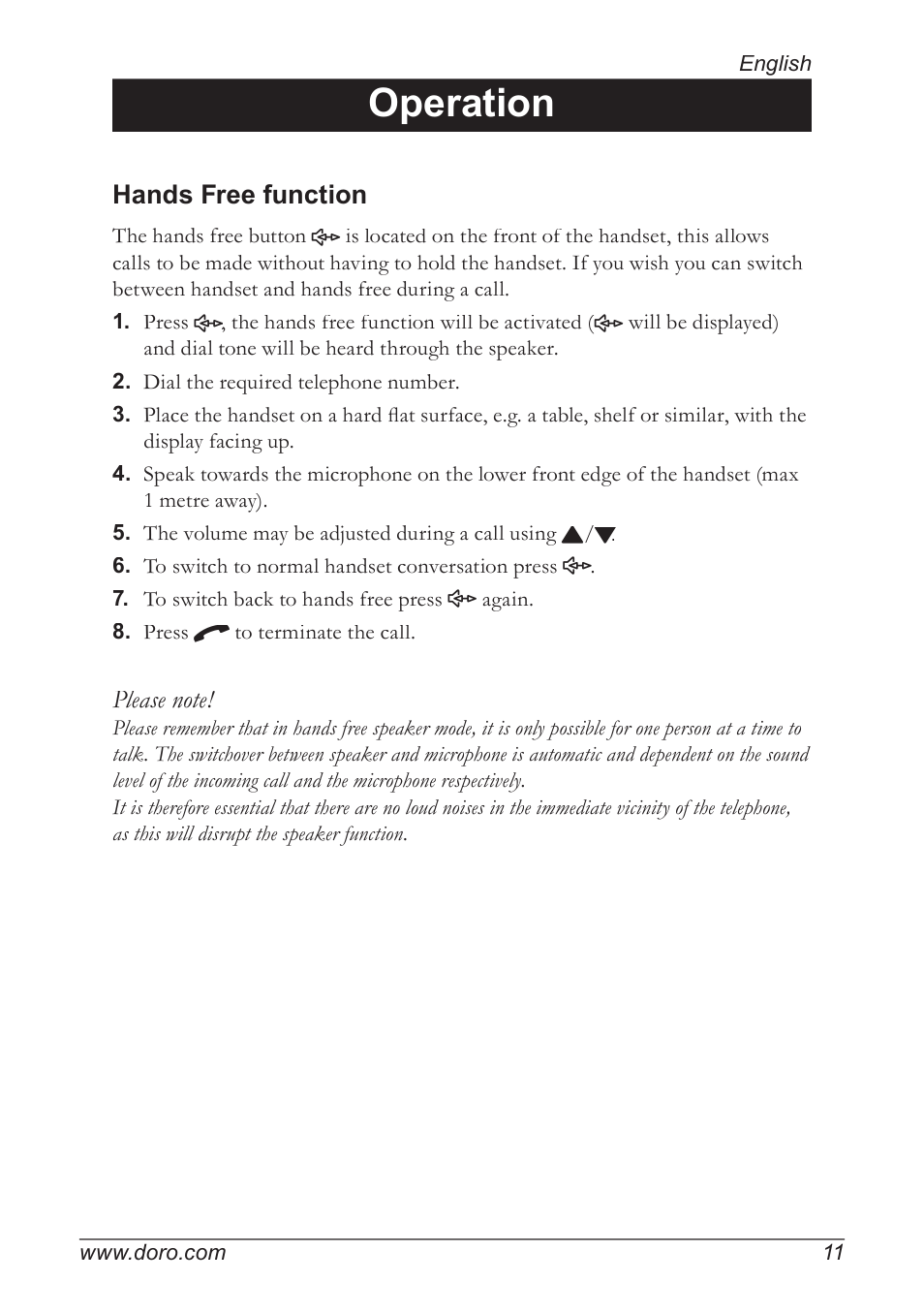 Operation, Hands free function | Doro 930R User Manual | Page 11 / 44