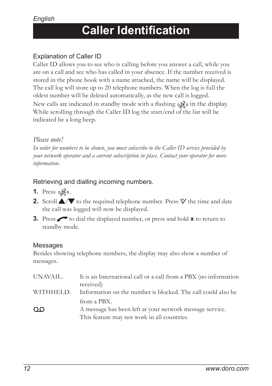 Caller identifi cation | Doro 930R User Manual | Page 12 / 44