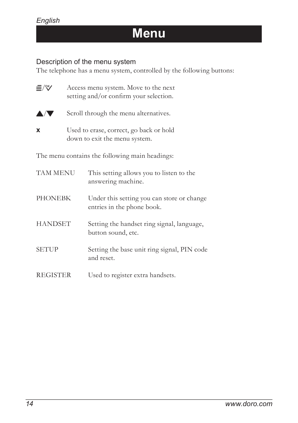 Menu | Doro 930R User Manual | Page 14 / 44