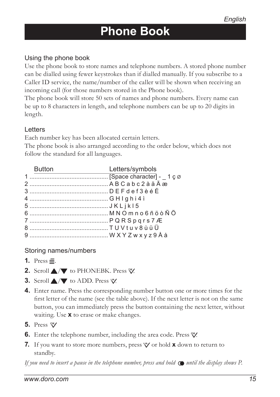 Phone book | Doro 930R User Manual | Page 15 / 44