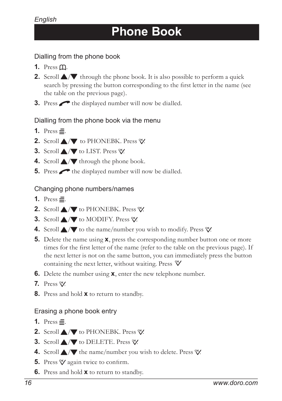 Phone book | Doro 930R User Manual | Page 16 / 44