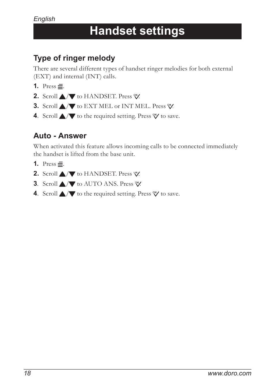 Handset settings, Type of ringer melody, Auto - answer | Doro 930R User Manual | Page 18 / 44
