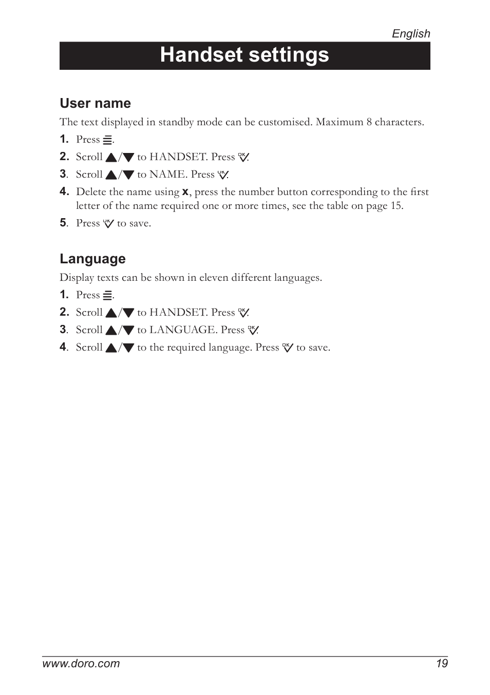 Handset settings, User name, Language | Doro 930R User Manual | Page 19 / 44