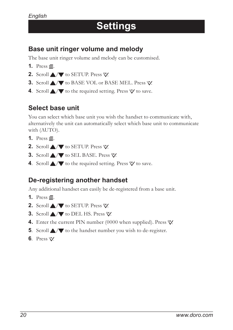 Settings, Base unit ringer volume and melody, Select base unit | De-registering another handset | Doro 930R User Manual | Page 20 / 44