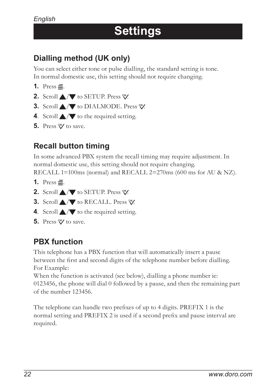 Settings, Dialling method (uk only), Recall button timing | Pbx function | Doro 930R User Manual | Page 22 / 44